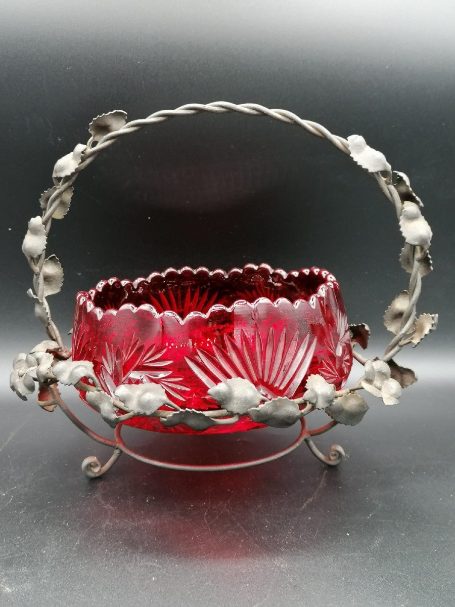 Antique Czech Bohemian Crystal Fruit Bowl In Pigeon Blood Red Color-photo-3