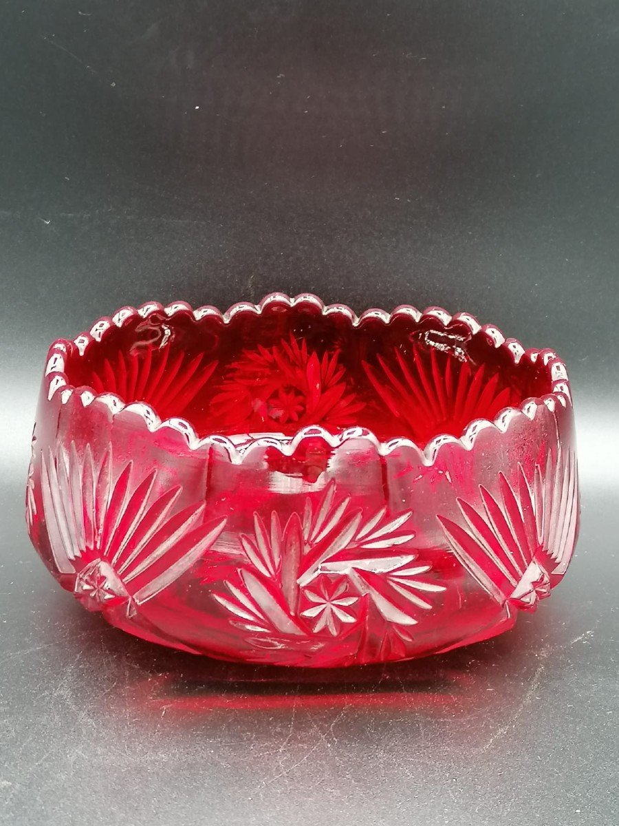 Antique Czech Bohemian Crystal Fruit Bowl In Pigeon Blood Red Color-photo-6