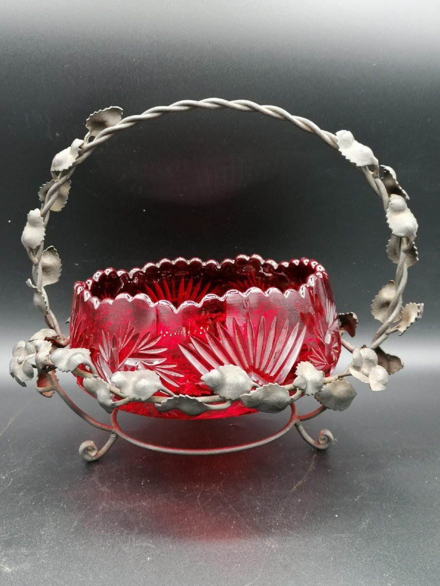 Antique Czech Bohemian Crystal Fruit Bowl In Pigeon Blood Red Color