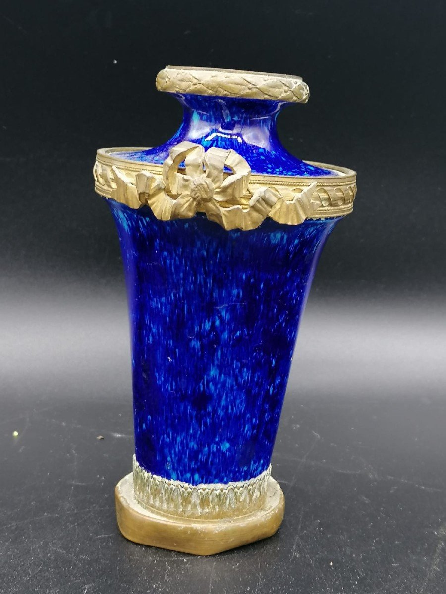 Small Antique De Sevres Vase In Deep Royal Blue Color, Metal Mounting-photo-2