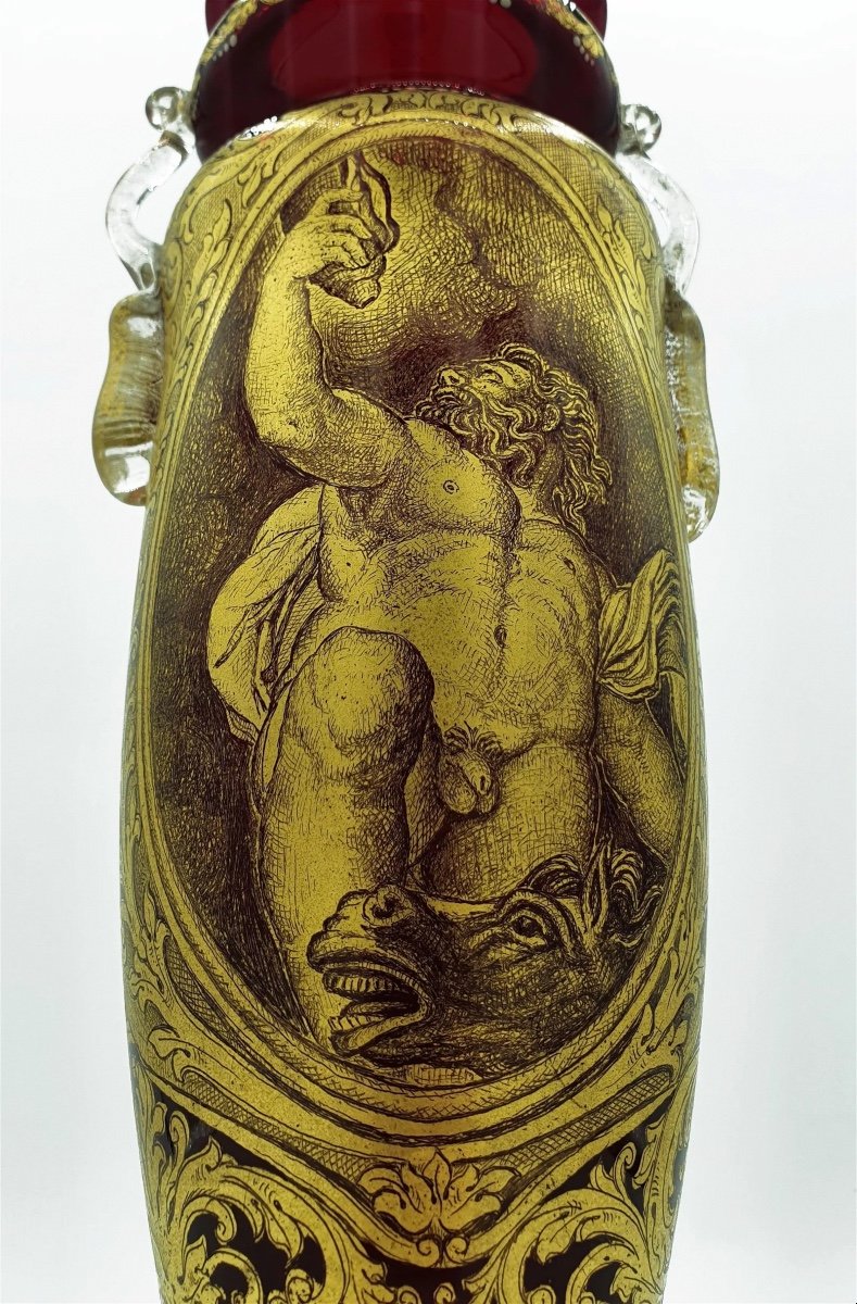 Antique Venetian Glass Vase / Amphora, Double Sided Golden Decor. Neptune By Gb Ponchino-photo-4