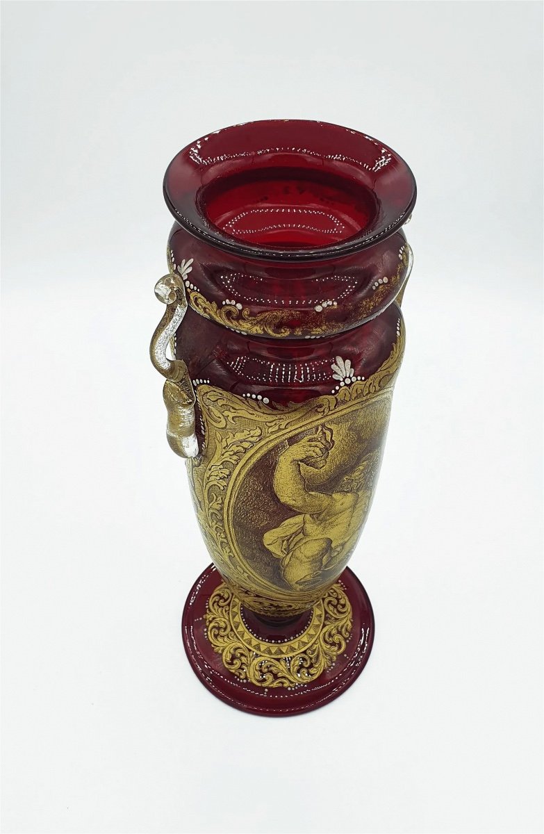 Antique Venetian Glass Vase / Amphora, Double Sided Golden Decor. Neptune By Gb Ponchino-photo-2