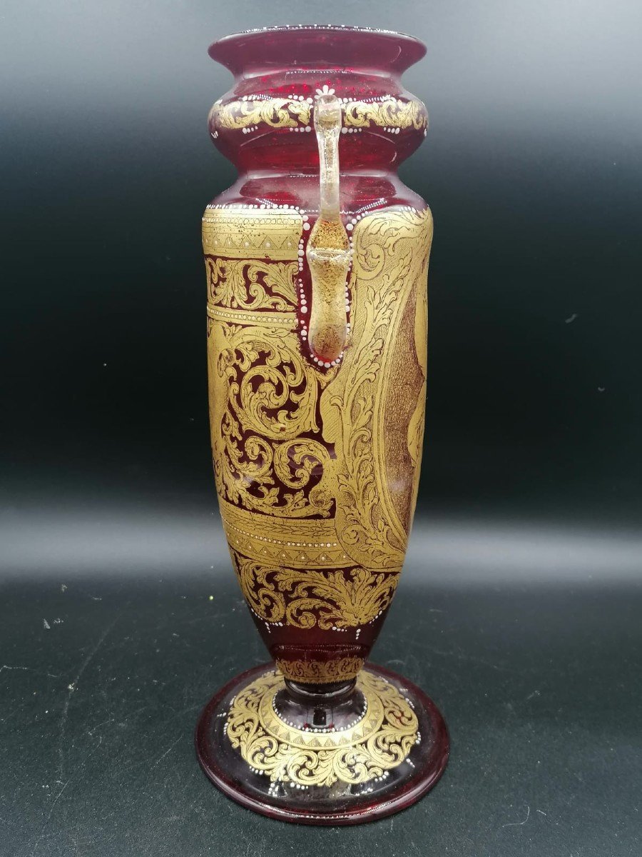 Antique Venetian Glass Vase / Amphora, Double Sided Golden Decor. Neptune By Gb Ponchino-photo-1