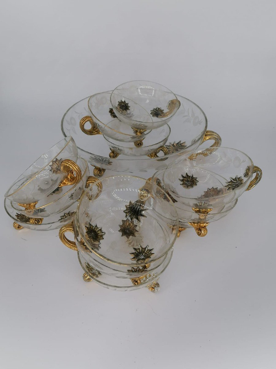 Antique Venetian Glass Set / Sweetmeats Etched With Flowers Glass Set With Gilded-photo-2