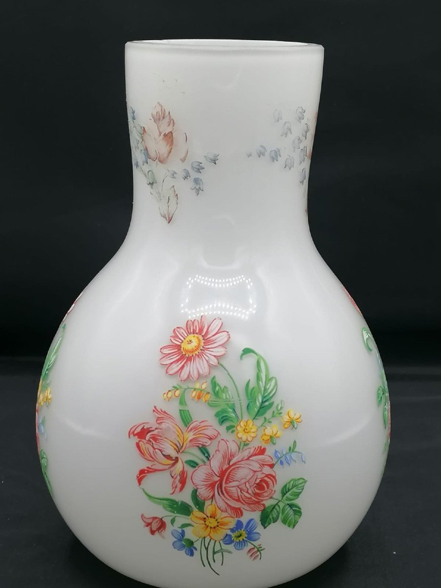 Vase Ancien En Opaline (verre à Lait) Décor émaillé Pour Marché De l'Est-photo-2