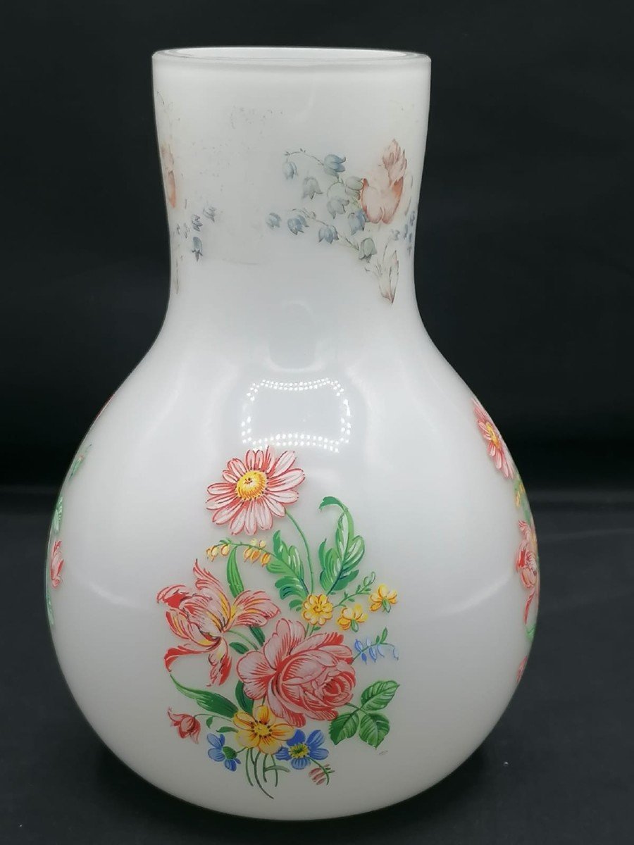 Old Opaline Vase (milk Glass) Enamelled Decor For Eastern Market