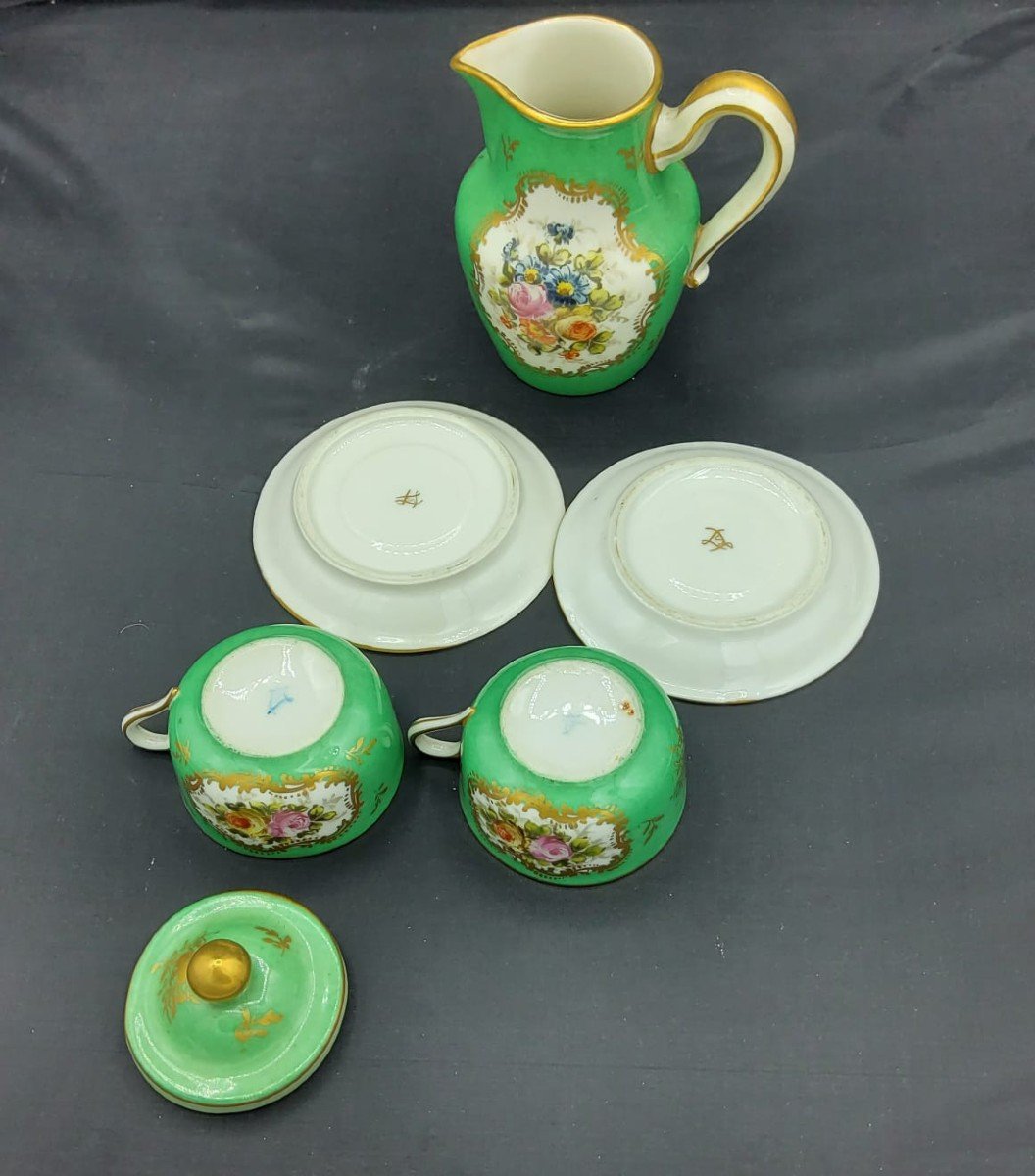 Sèvres Style Tête-à-tete Coffee Service In Emerald Green Painted With Bouquets Of Flowers-photo-2