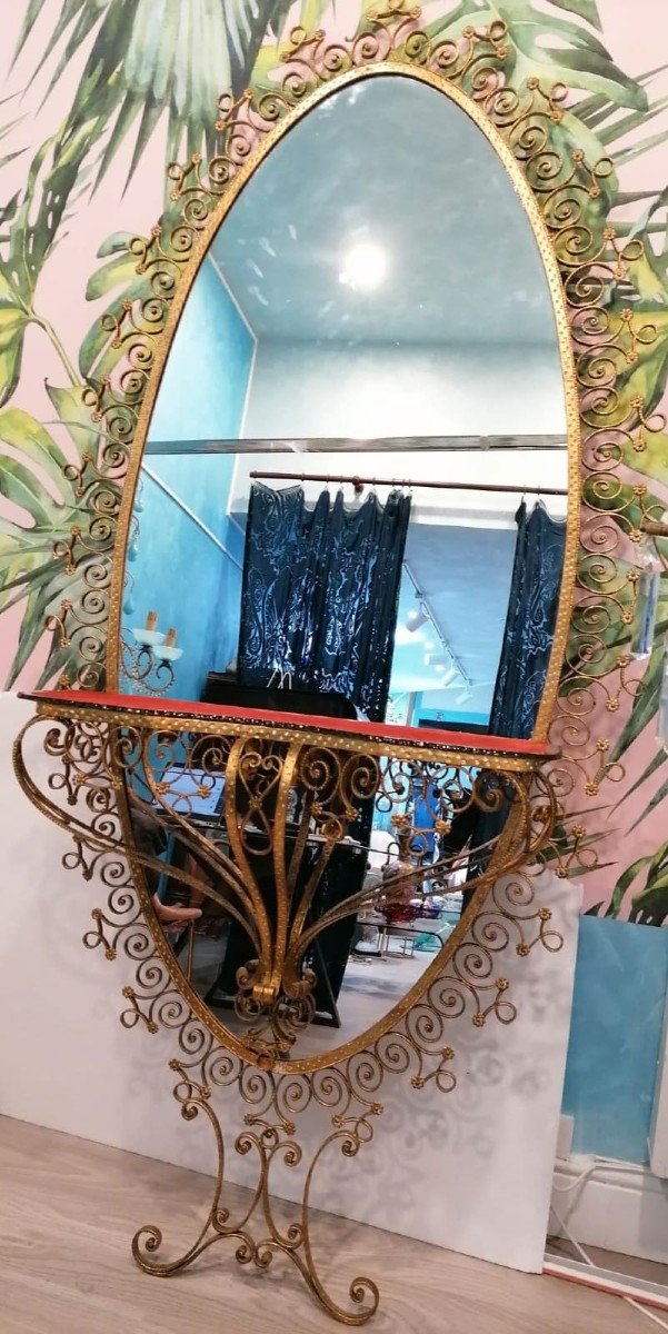 Miroir Antique Français En Verre Doré Avec Consolle, Très Grand-photo-3