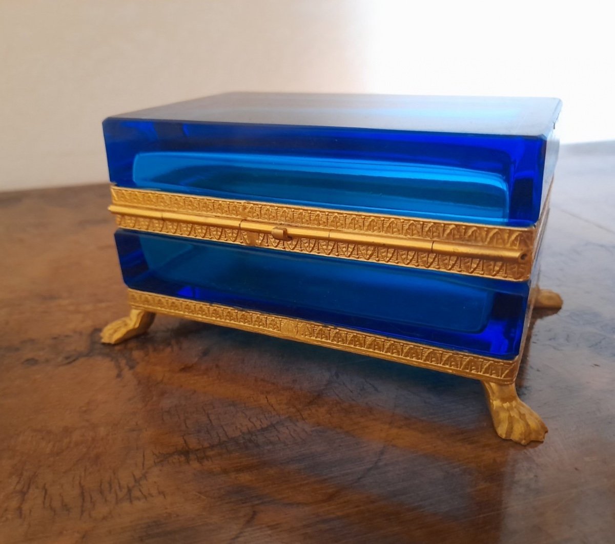 Antique Gilt Bronze Moser Glass Box Mounted On Feet, Bohemian Glass Box-photo-3