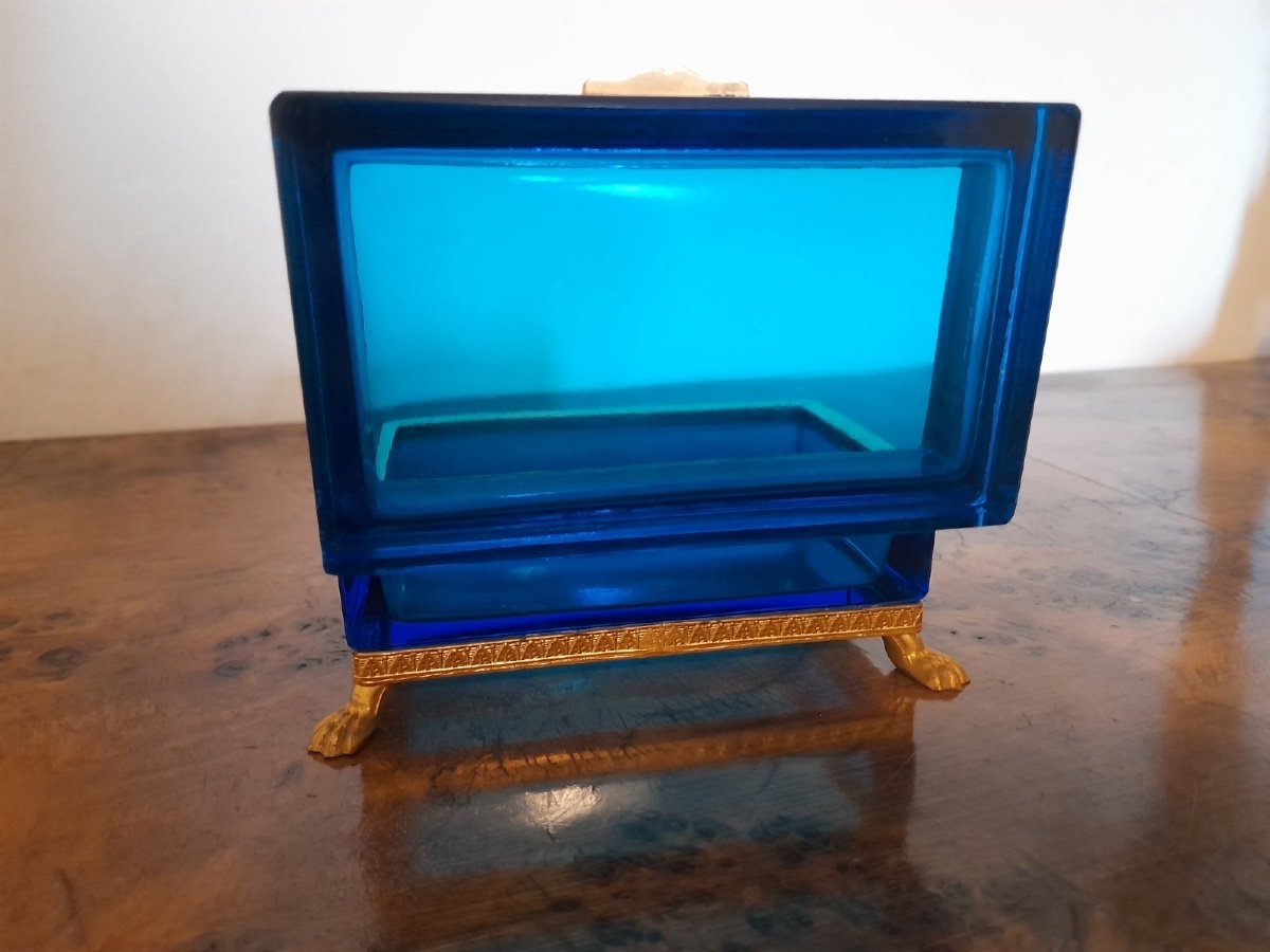 Antique Gilt Bronze Moser Glass Box Mounted On Feet, Bohemian Glass Box-photo-2