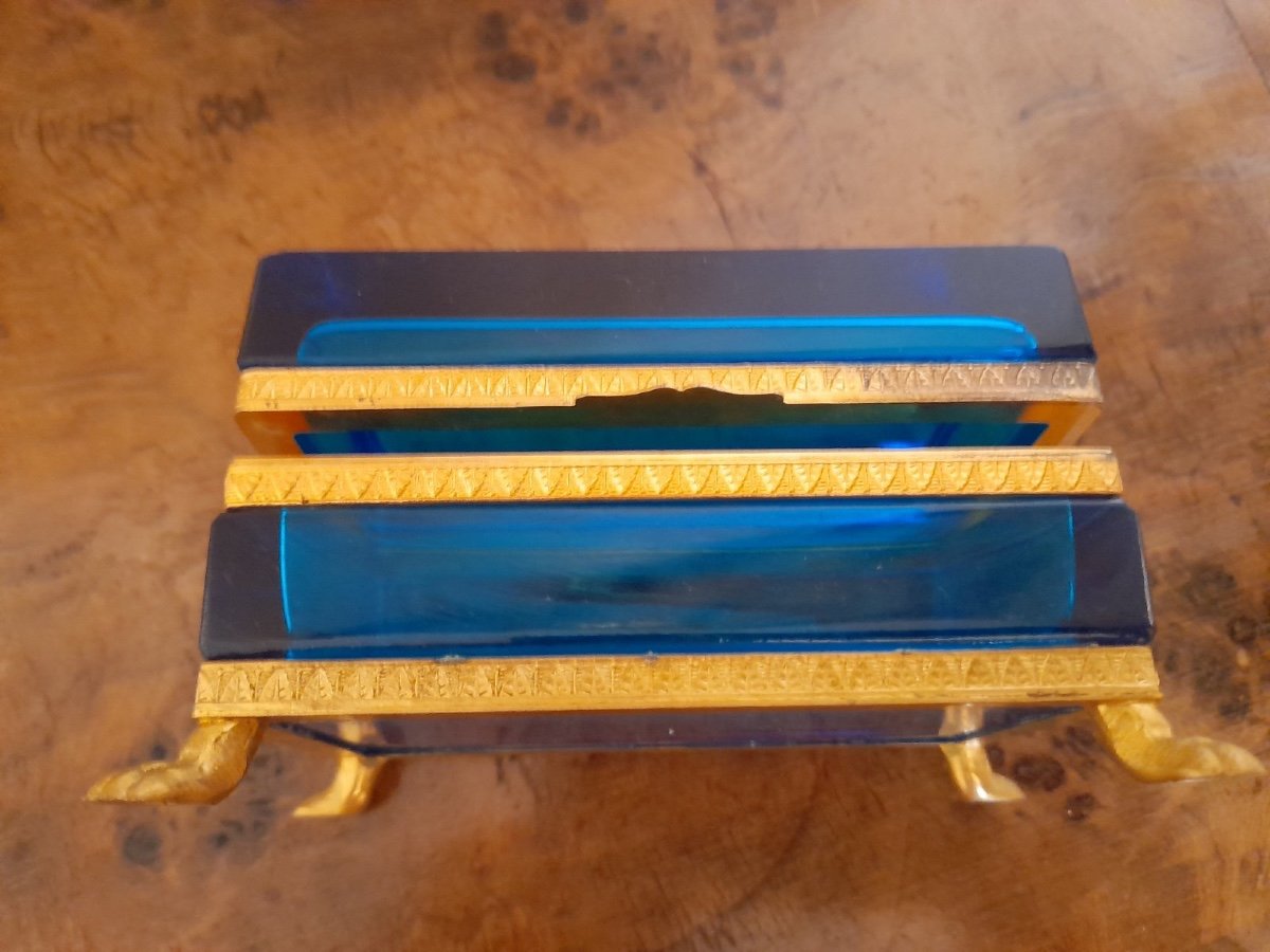 Antique Gilt Bronze Moser Glass Box Mounted On Feet, Bohemian Glass Box-photo-3