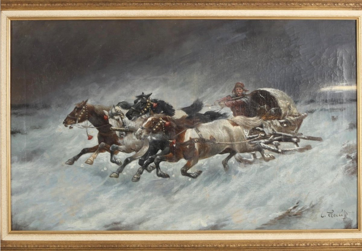 Russian Antique Painting By Constantin Stoiloff 1850-1924 Large Oil Painting On Canvas Representing Horses-photo-2