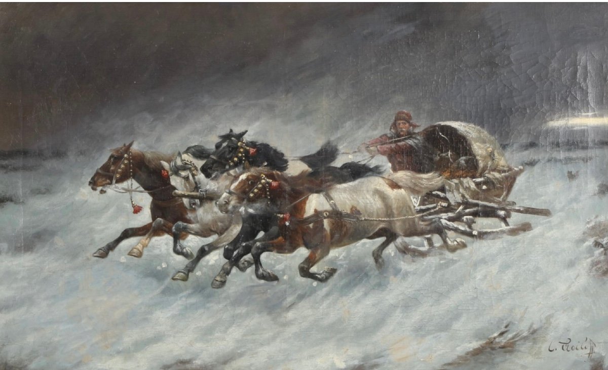 Russian Antique Painting By Constantin Stoiloff 1850-1924 Large Oil Painting On Canvas Representing Horses-photo-3