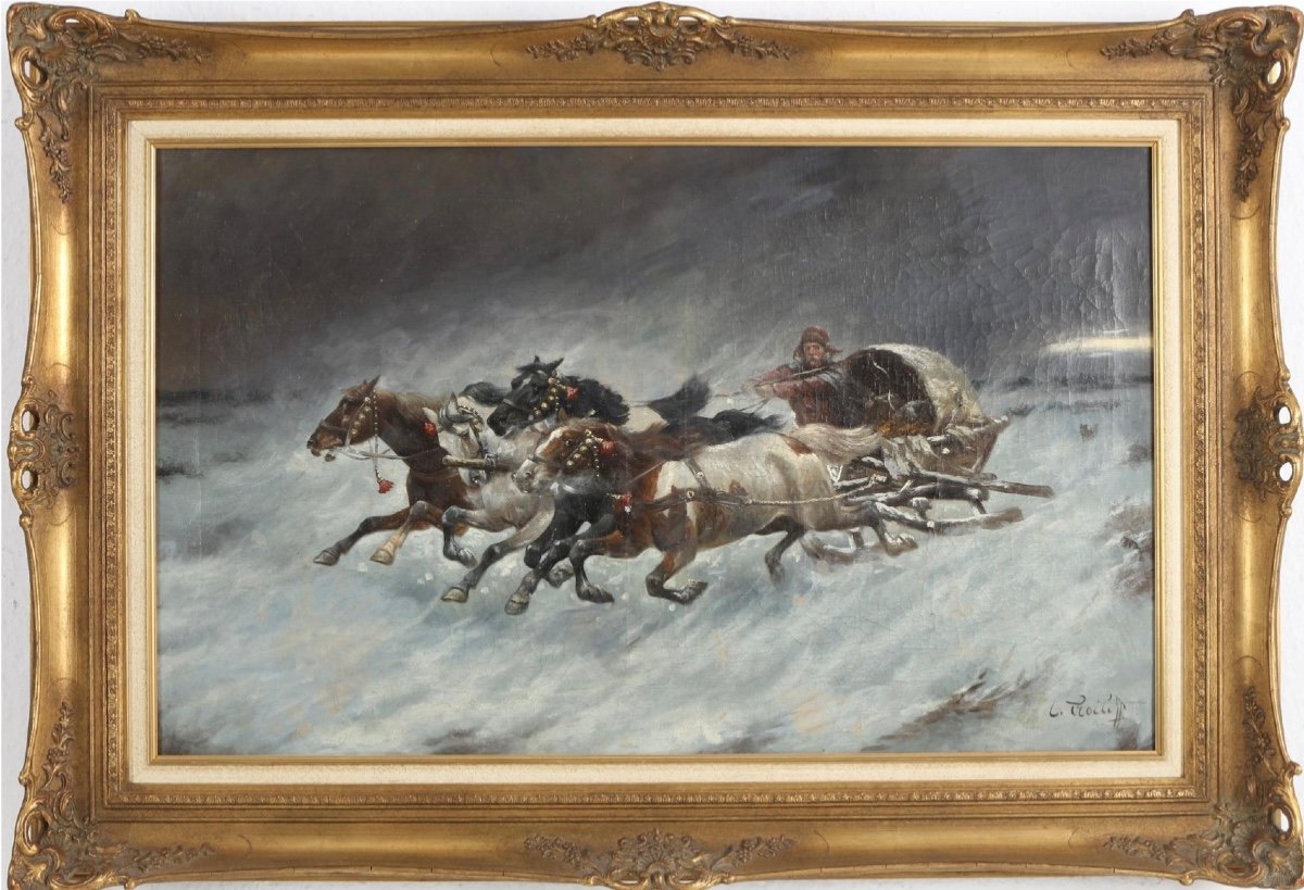 Russian Antique Painting By Constantin Stoiloff 1850-1924 Large Oil Painting On Canvas Representing Horses-photo-4