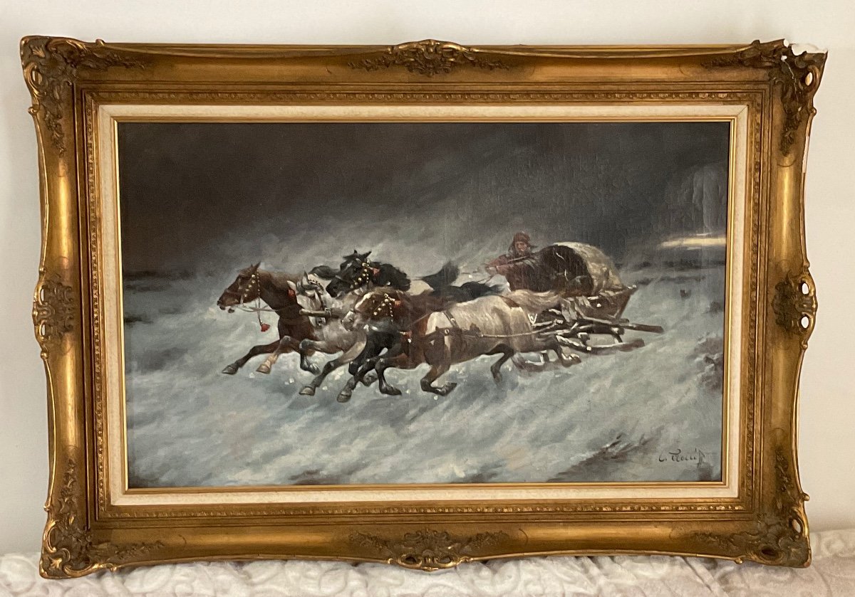 Russian Antique Painting By Constantin Stoiloff 1850-1924 Large Oil Painting On Canvas Representing Horses-photo-5