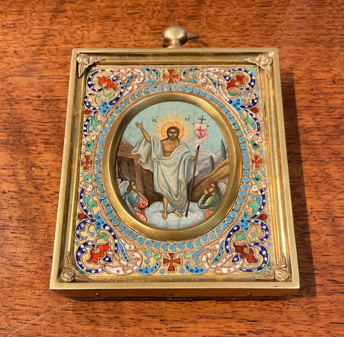Antique Russian Icon With Oklad In Silver And Enamel Cloisonne The Resurrection-photo-4