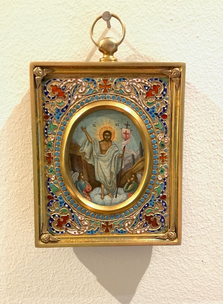 Antique Russian Icon With Oklad In Silver And Enamel Cloisonne The Resurrection