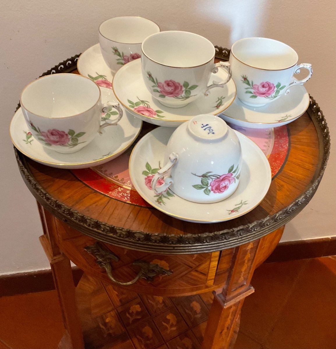 Furstenberg Old Porcelain Service Of 5 Cups And Saucers, Germany-photo-3