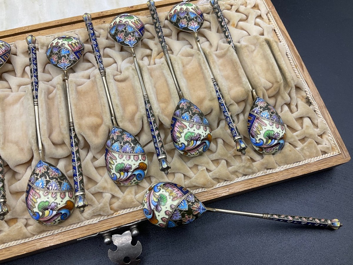 Set Of 12 Antique Russian Imperial Enamel Spoons In Original Box-photo-4