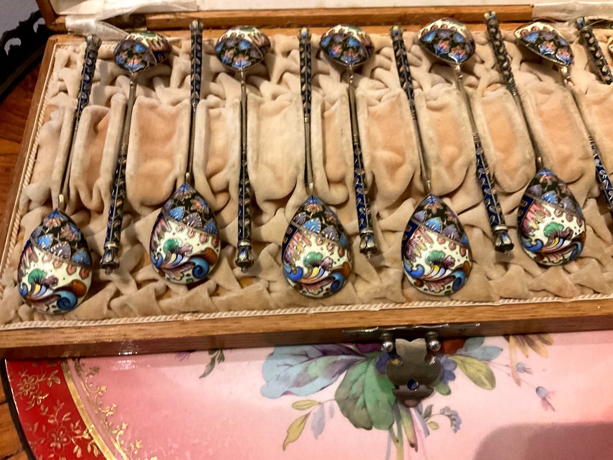 Set Of 12 Antique Russian Imperial Enamel Spoons In Original Box-photo-2