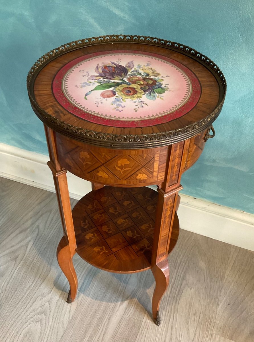 Table Basse Ancienne En Marqueterie Avec Plateau En Porcelaine, XIX Siecle -photo-5