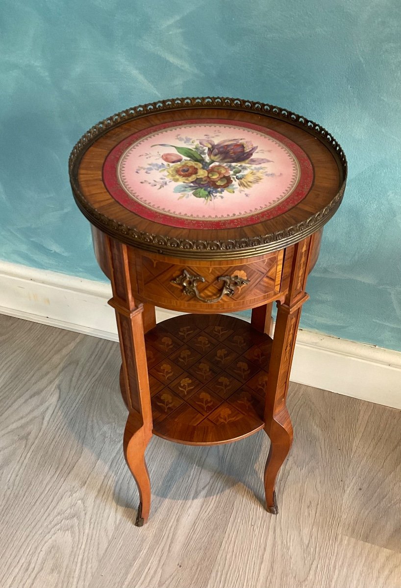 Antique Marquetry Coffee Table With Porcelain Tray, XIX Century