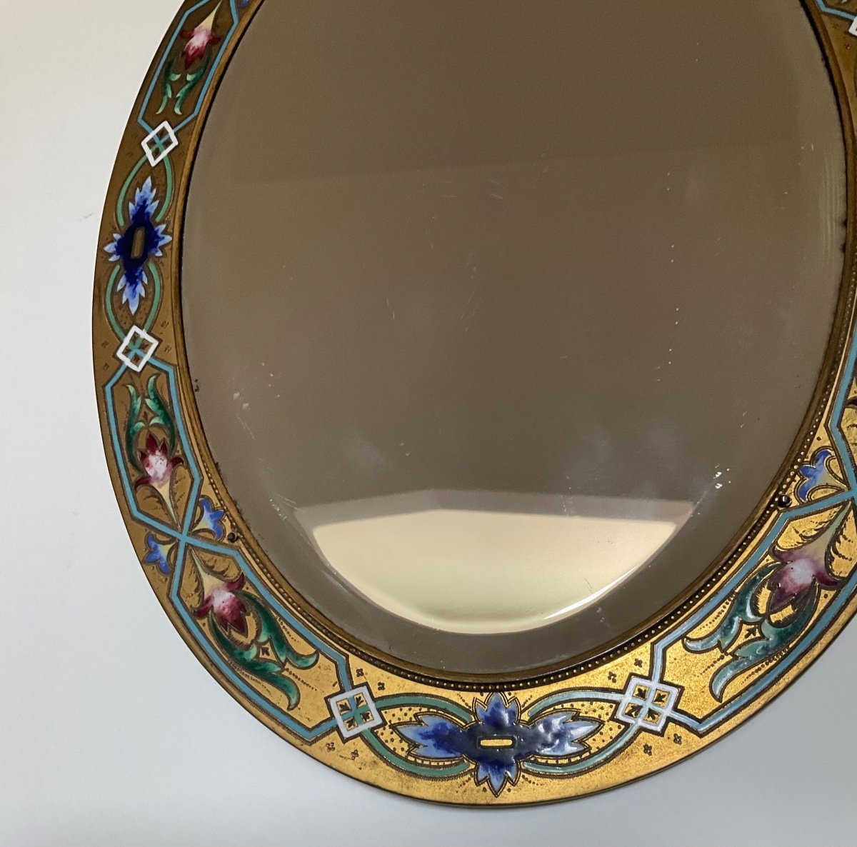 Oval Mirror In Gilt Bronze With Champlevé Enamel Decor, XIX Century-photo-3