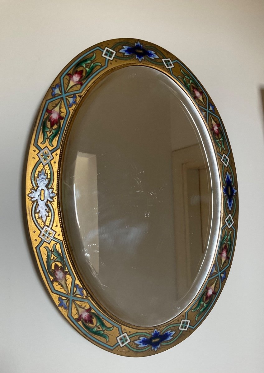 Oval Mirror In Gilt Bronze With Champlevé Enamel Decor, XIX Century-photo-3