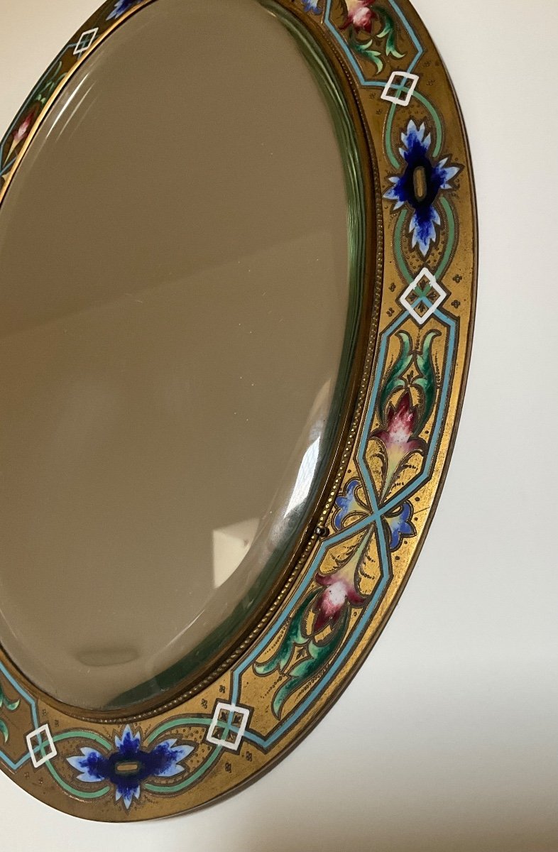 Oval Mirror In Gilt Bronze With Champlevé Enamel Decor, XIX Century-photo-7