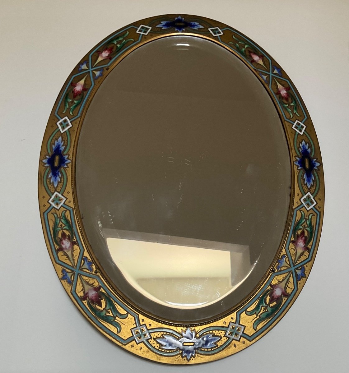 Oval Mirror In Gilt Bronze With Champlevé Enamel Decor, XIX Century