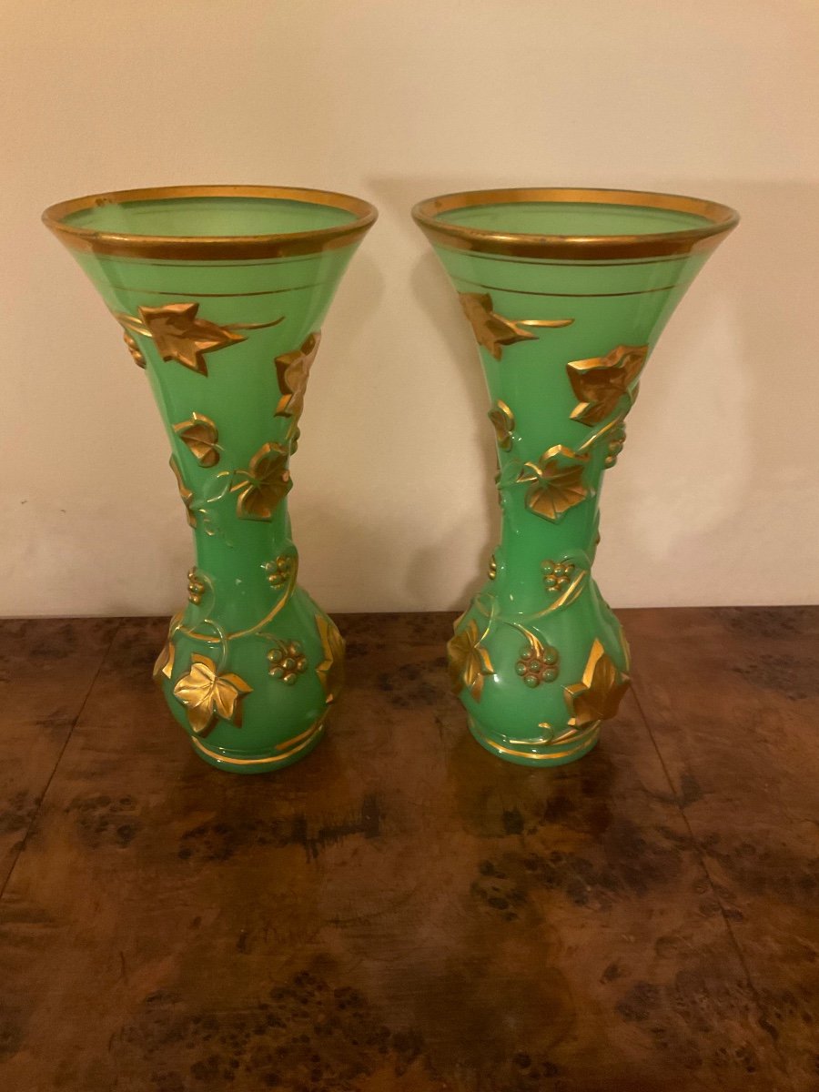 Pair Of Old Baccarat Green Opaline Glass Vases With Gold-photo-2