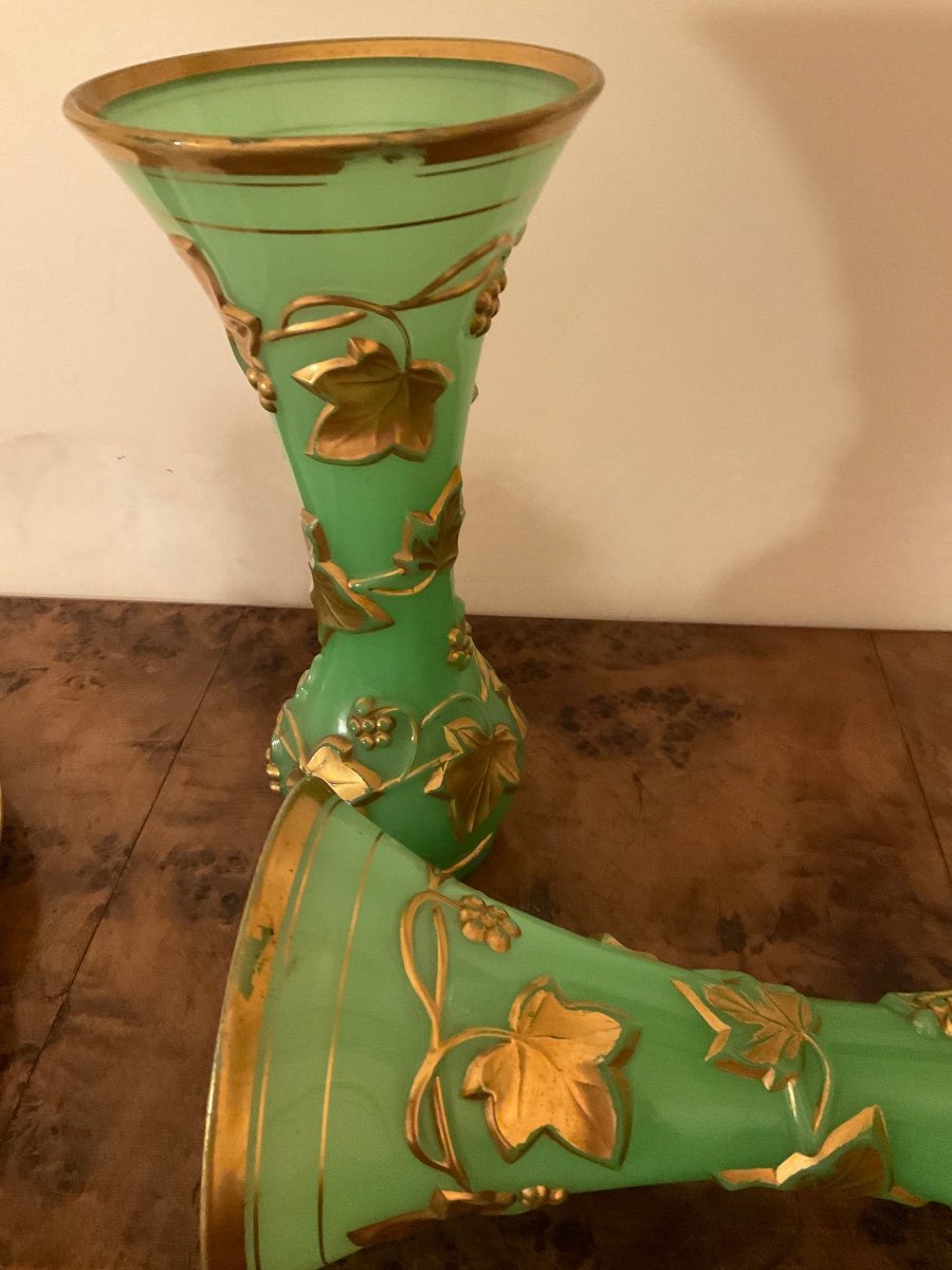 Pair Of Old Baccarat Green Opaline Glass Vases With Gold-photo-1