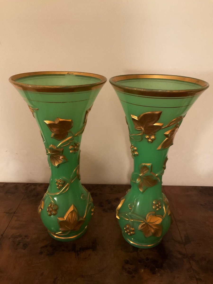 Pair Of Old Baccarat Green Opaline Glass Vases With Gold-photo-2