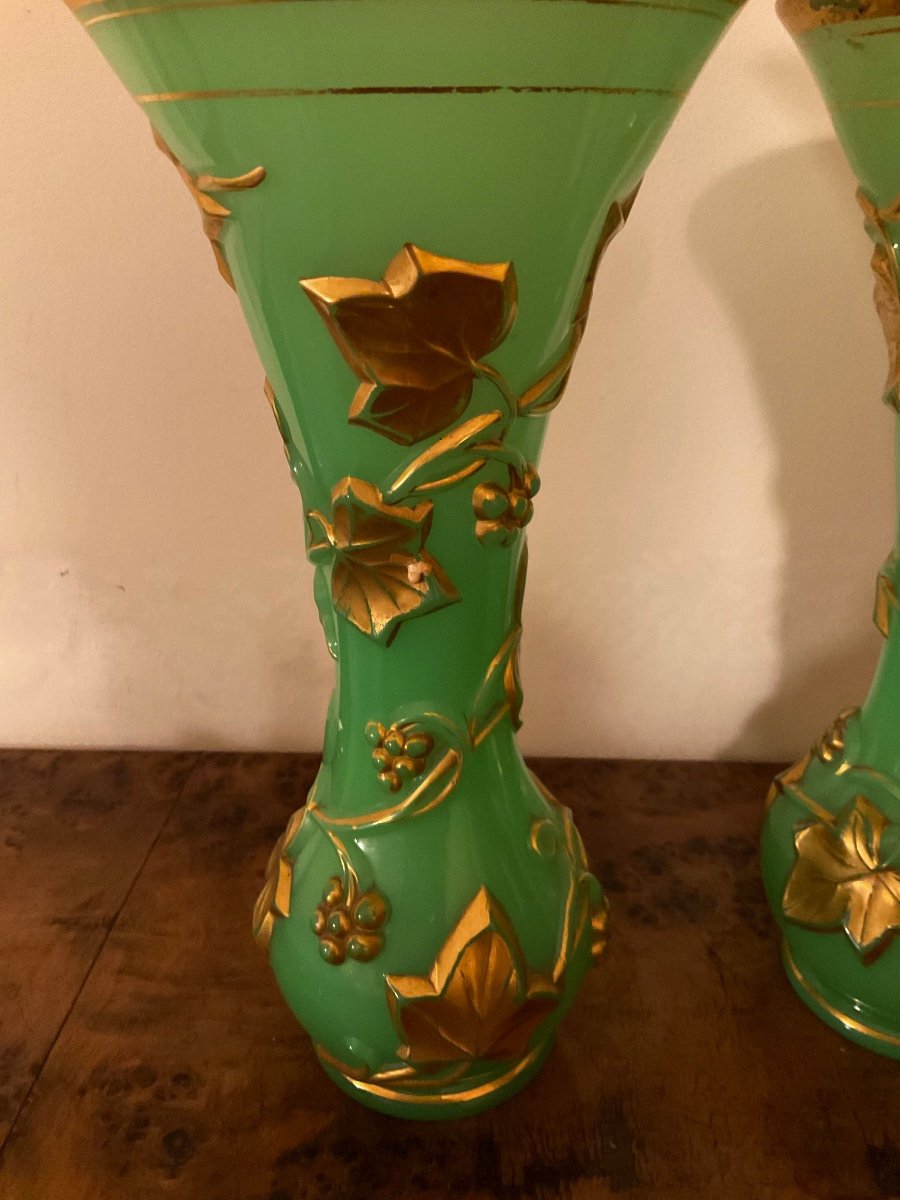 Pair Of Old Baccarat Green Opaline Glass Vases With Gold-photo-7