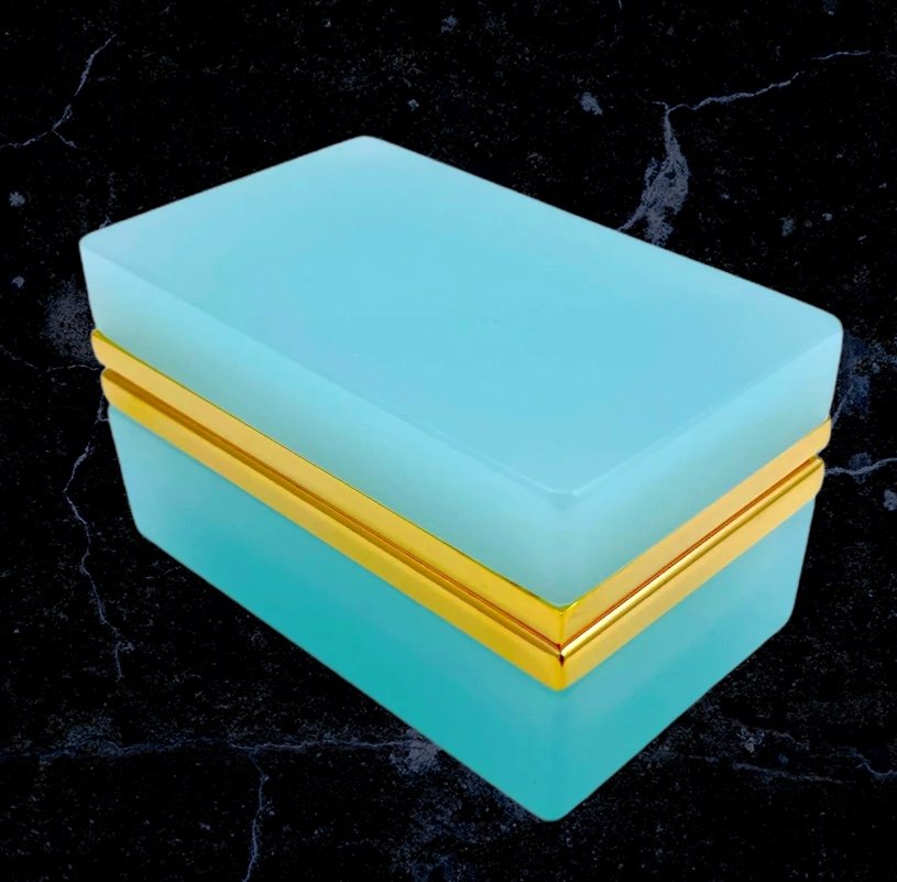 Antique Rectangular Casket Box In Pale Blue Murano Opaline Glass With Gilding-photo-1