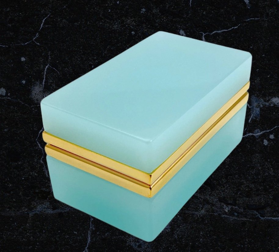 Antique Rectangular Casket Box In Pale Blue Murano Opaline Glass With Gilding-photo-3