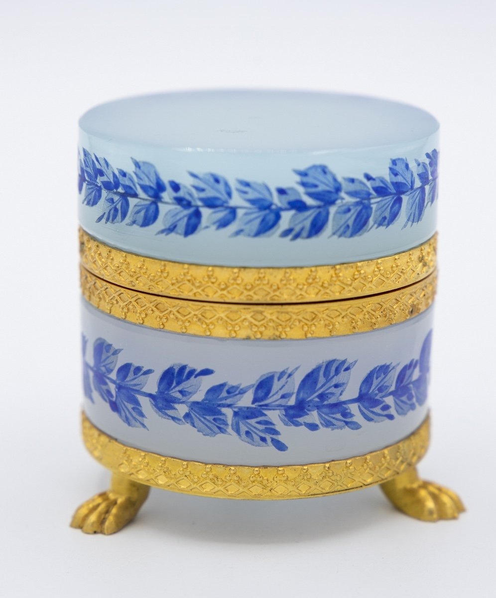 Opaline Glass Box With Blue Decor Bronze Frame-photo-3