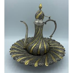 Antique Silver Ewer(tombak) And Basin Richly Decorated With Scrolled Floral Ornaments And Gildi