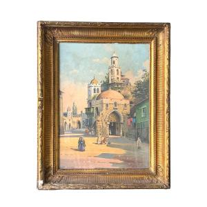 Antique Orientalist Painting Depicts Square View With Mosque And People