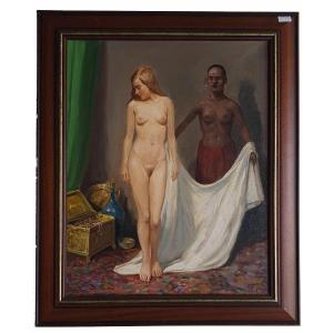 Orientalist Painting Oil On Canvas Representing A Naked Woman Offered For Sale By Moor