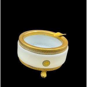 Old White Opaline Ashtray With Bronze Mount And Lion Feet