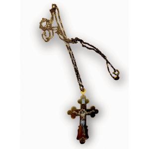 Russian Imperial Gold Enamel Cross Pendant,hallmark 56 With Kokoshnik And Inscribed Bless Save