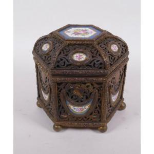 Antique French Casket With Porcelain Plaques,sevres Bronze Box With Plaques For Oriental Market