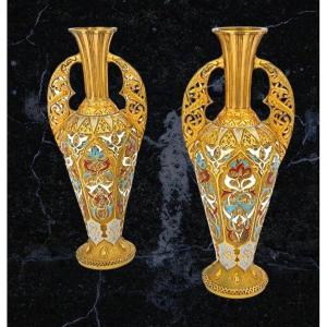 Pair Of Alhambra Vases In Champlevé Enamel Bronze, By Emile Philippe