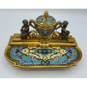 Wonderful Antique French Btonze Enamelled Inkstand Ferdinand Barbedienne 