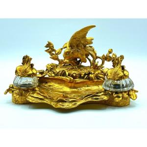 Wonderful Antique Bronze Inkwell Decorated With Birds,fish With Tortoise Seal And Glass Pots