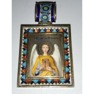 Exclusive Russian Imperial Silver En Plein Enamel Icon Pendant Of St.archangel Raphael. Large S