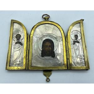 19th Century Russian Silver Triptych Travelling Icon St Alexandra And St Apostle Peter,our Savi