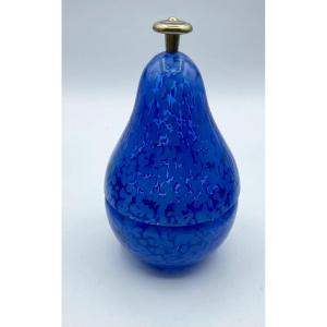 Murano Glass Pear Shaped Covered Bowl Cenedese Glass In Dark Blue With Metal Holder