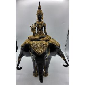 Wonderful Bronze Sculpture Of The Bouddha In Gold On The 3headed Elephant, Huge